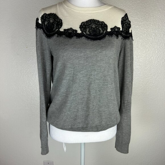 Vince Camuto Womens Lightweight Gray Lace Embellished Long Sleeve Sz L Sweater - Picture 8 of 8